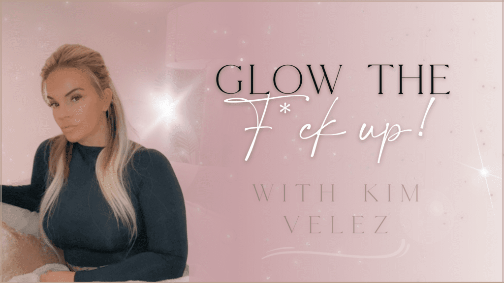 Text on the right with Kim Velez wearing black on a pink background